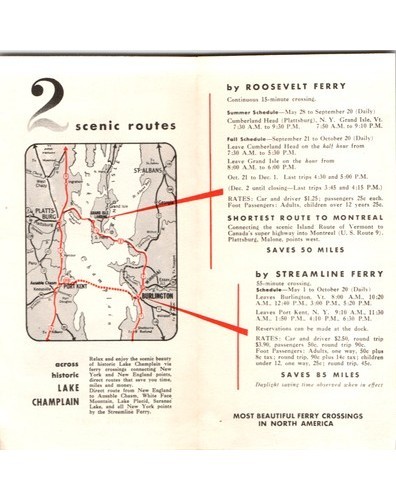 Lake Champlain Ferry Brochure Roosevelt & Streamline Routes Map 1950s