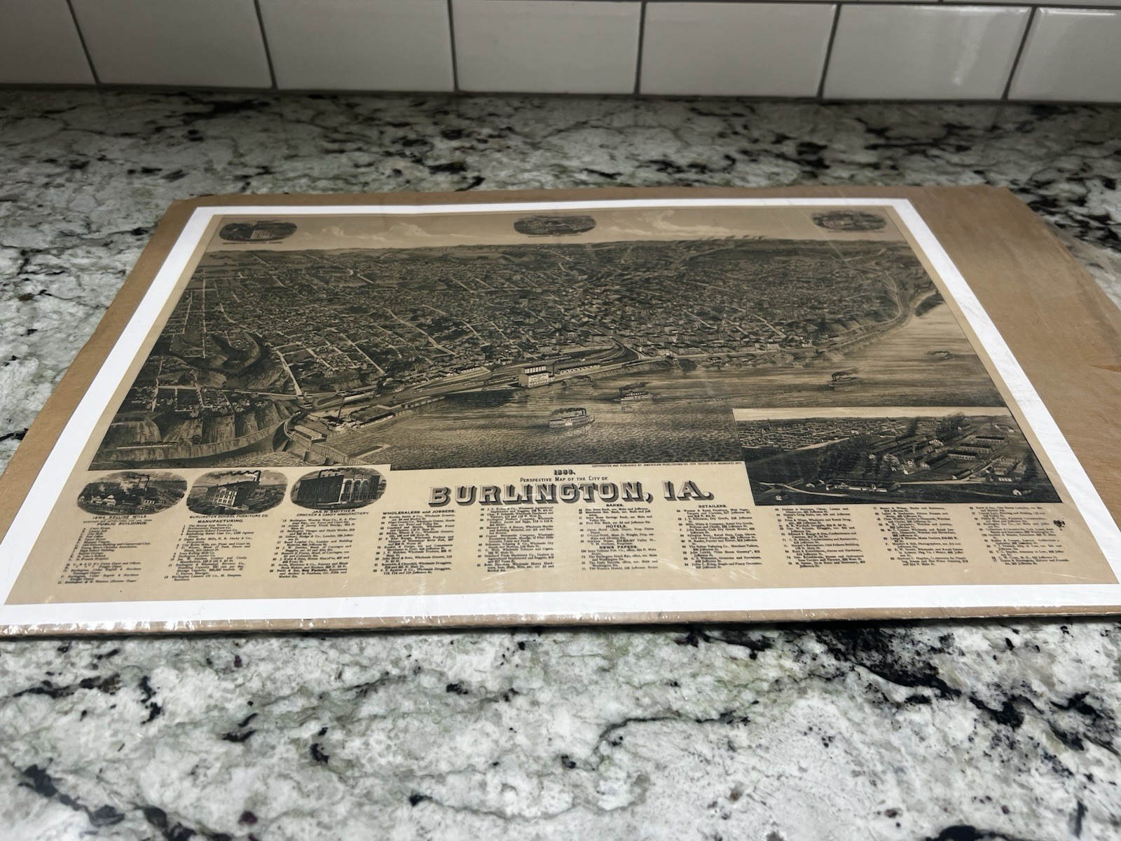1898 Burlington Iowa Bird’s Eye View Map Antique City Lithograph Print Mounted