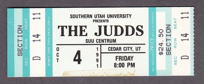 The Judds – Vintage Ticket Stub 1991 – SU University, Cedar City, Utah