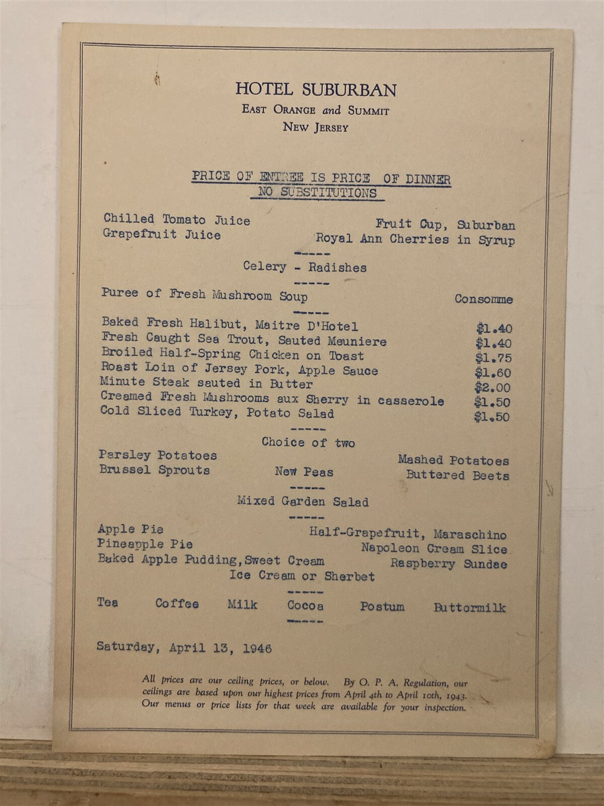 1946 Hotel Suburban Restaurant Menu East Orange Summit New Jersey NJ Vtg