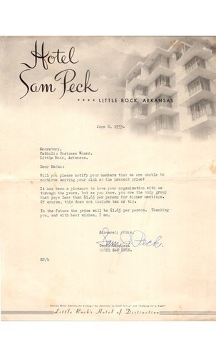 1953 Hotel Sam Peck Little Rock AR Typed Business Letter Duncan Hines Women’s