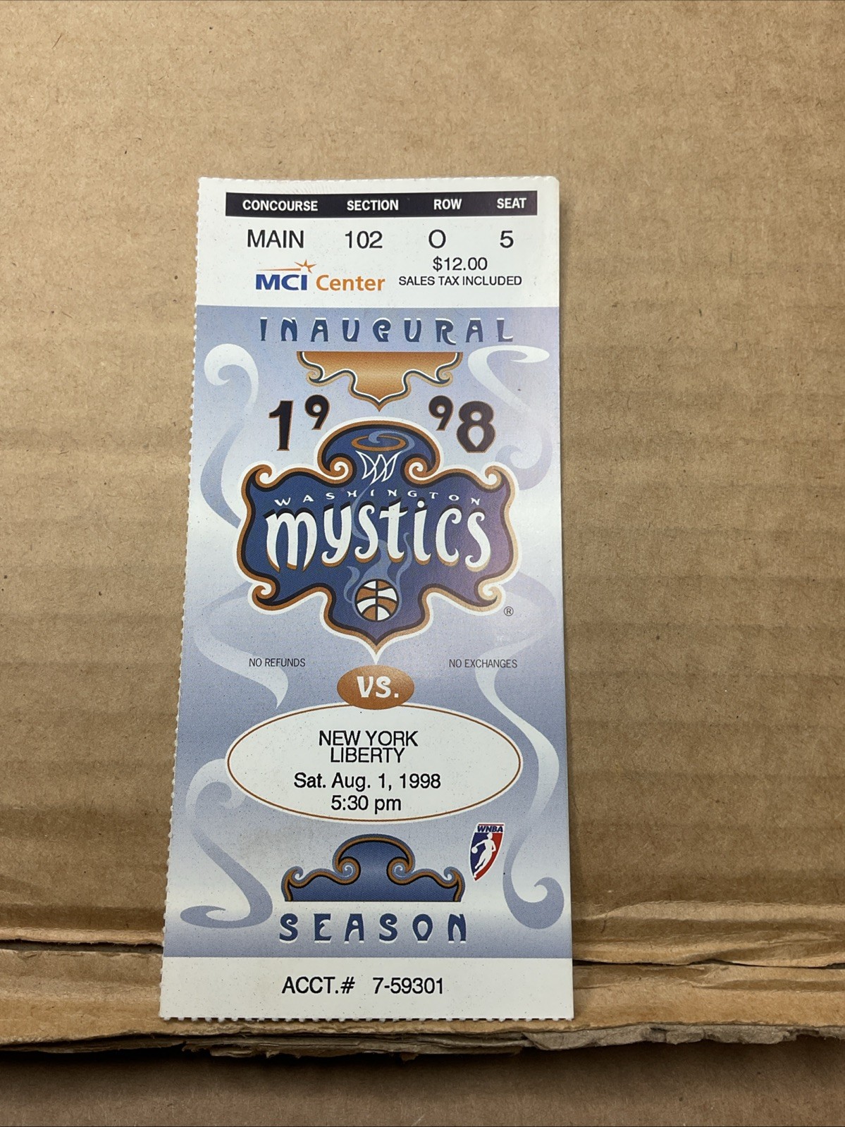 1 Aug 1998 WNBA Ticket Stub Washington Mystics Vs Ny Liberty Basketball B70