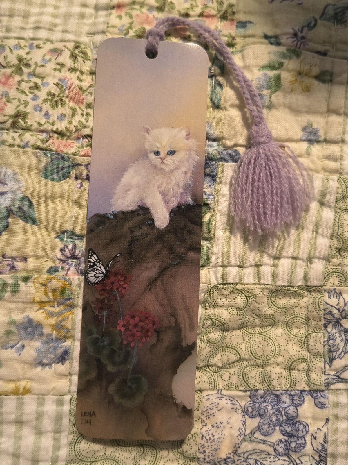 Vtg 80s Persian Kitten &Butterfly Cat Lena Liu Quality Artworks Tassel Bookmark