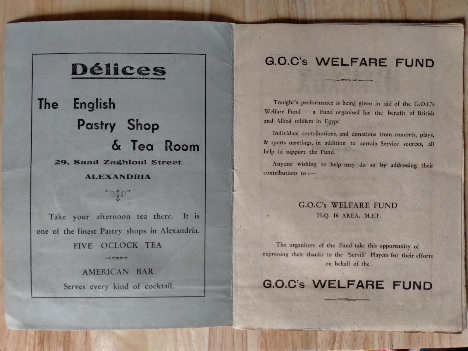 WW2 One Act Plays Concert Programme Egypt 1943 in aid of the GOC’s Welfare Fund