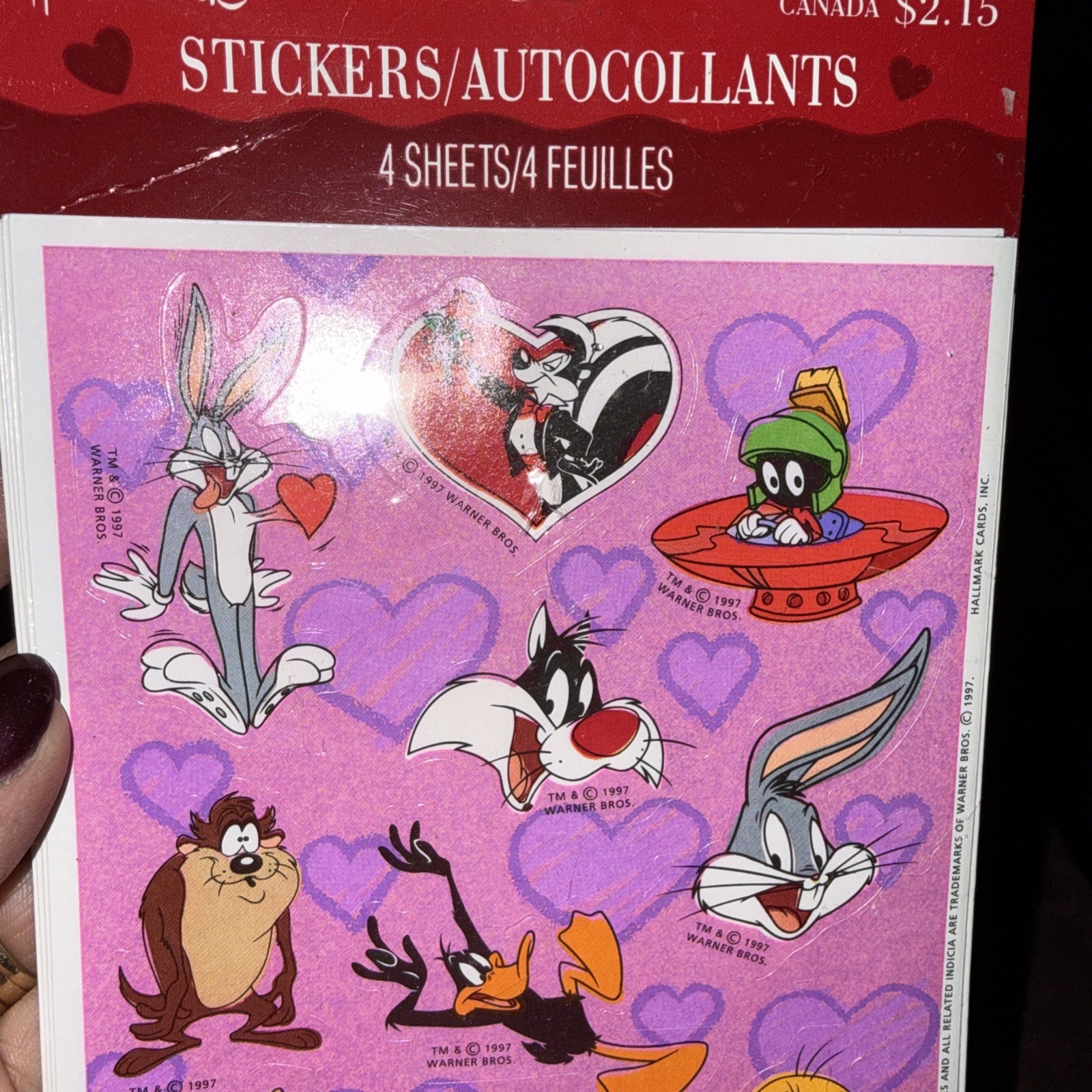 Vtg 1997 Hallmark Valentine Stickers Looney Tunes TAZ PEPE TWITTY 4 Sheets NOS