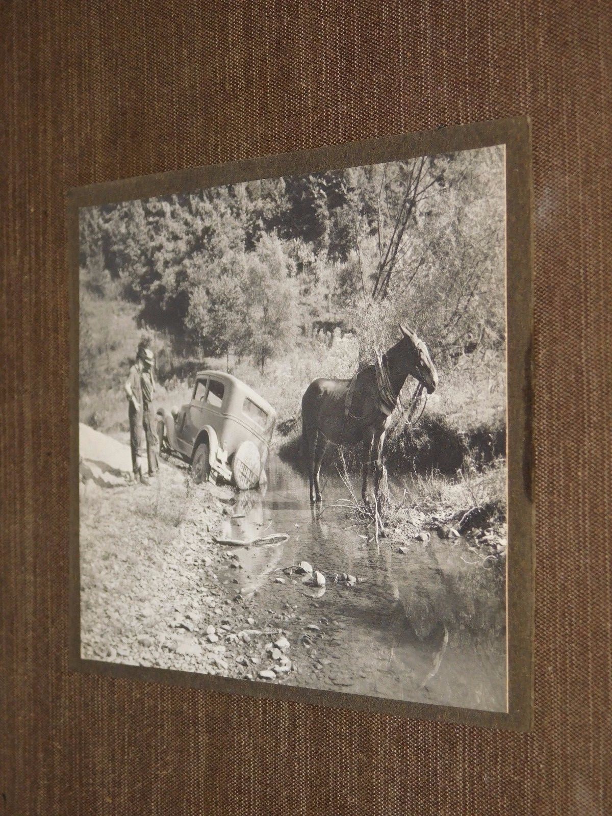 VINTAGE 6 1/2″ X 4 3/4″ OLD DOUBLE COLA TRUCK & HORSE IN RIVER STREAM PHOTO