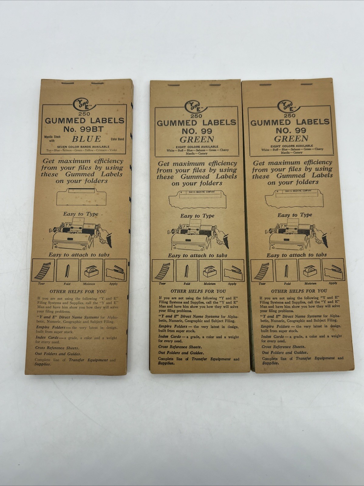 3 Vintage Packs Of Y&E Gummed Labels No. 99 Green & Blue Typewriter Sheets RARE