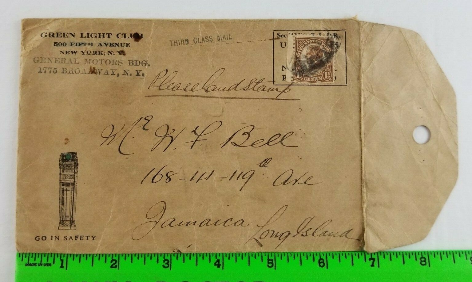 Vintage 1924 Green Traffic Light General Motors Building NY Illustrated Envelope