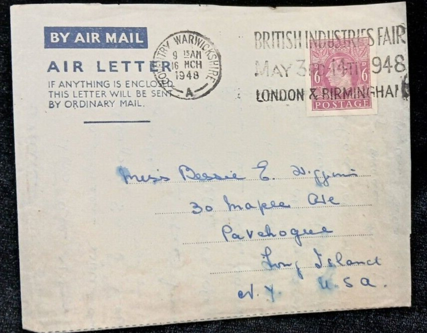 1948 Fancy British Industries Fair London Warwickshire Vintage Envelope Stamped