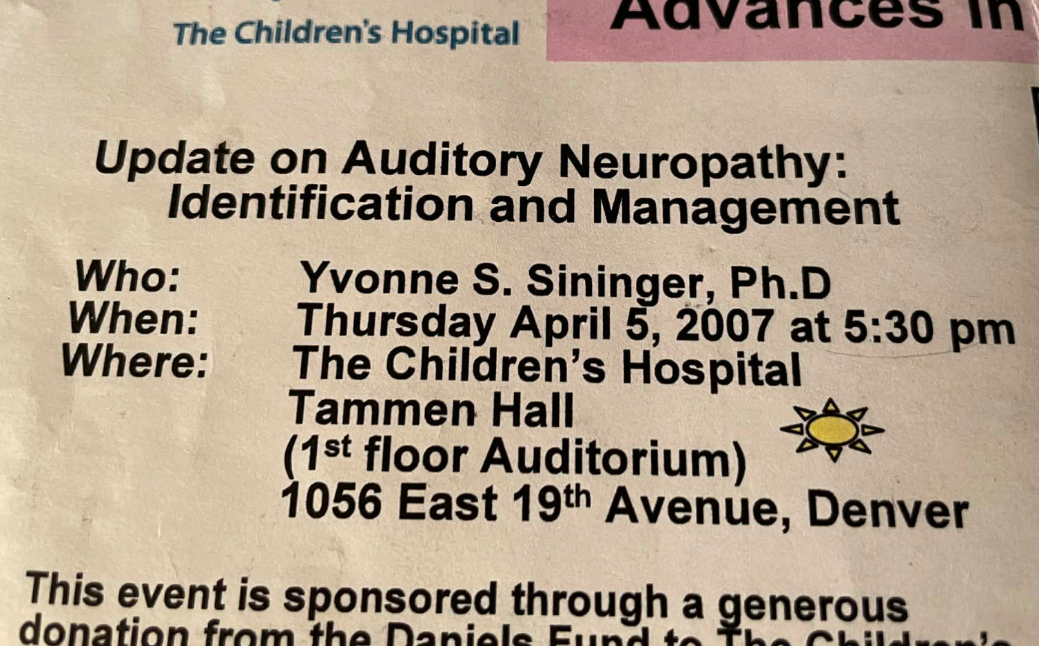 Yvonne Sininger PhD Lecture Reminder 2007 Denver CO Children’s Hospital Invite