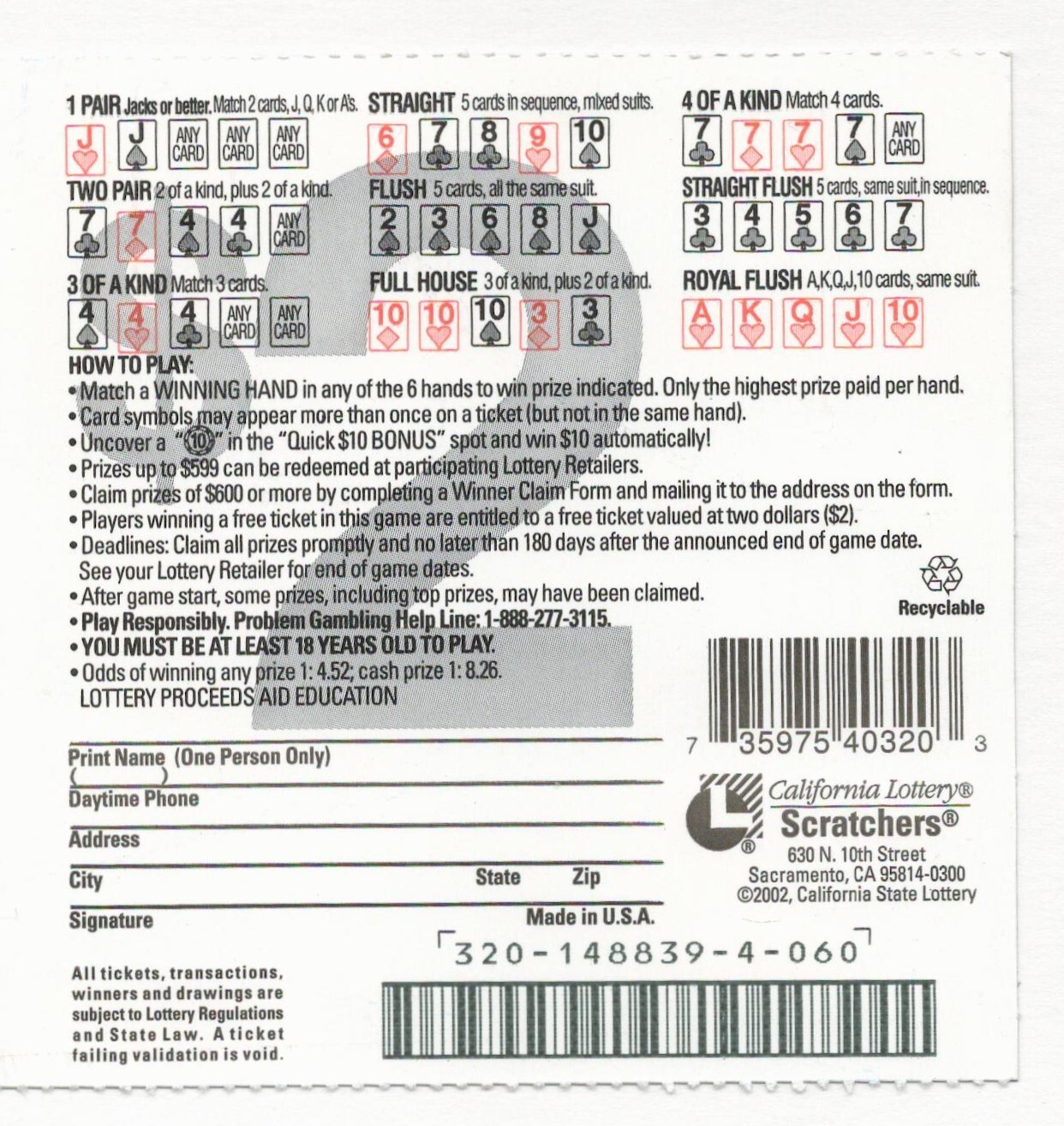 2002 California Lottery scratch ticket expired MINT unscratched junk journal