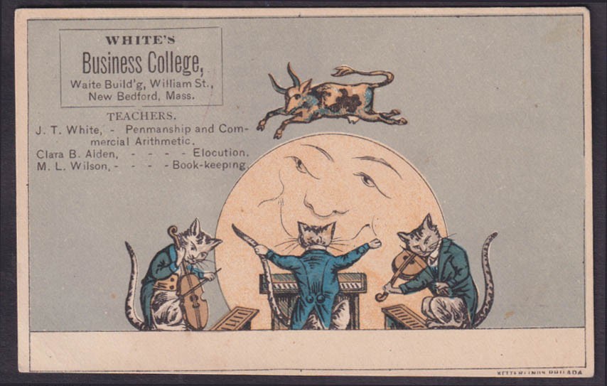White’s Business College New Bedford MA trade card cats fiddle cow over the moon