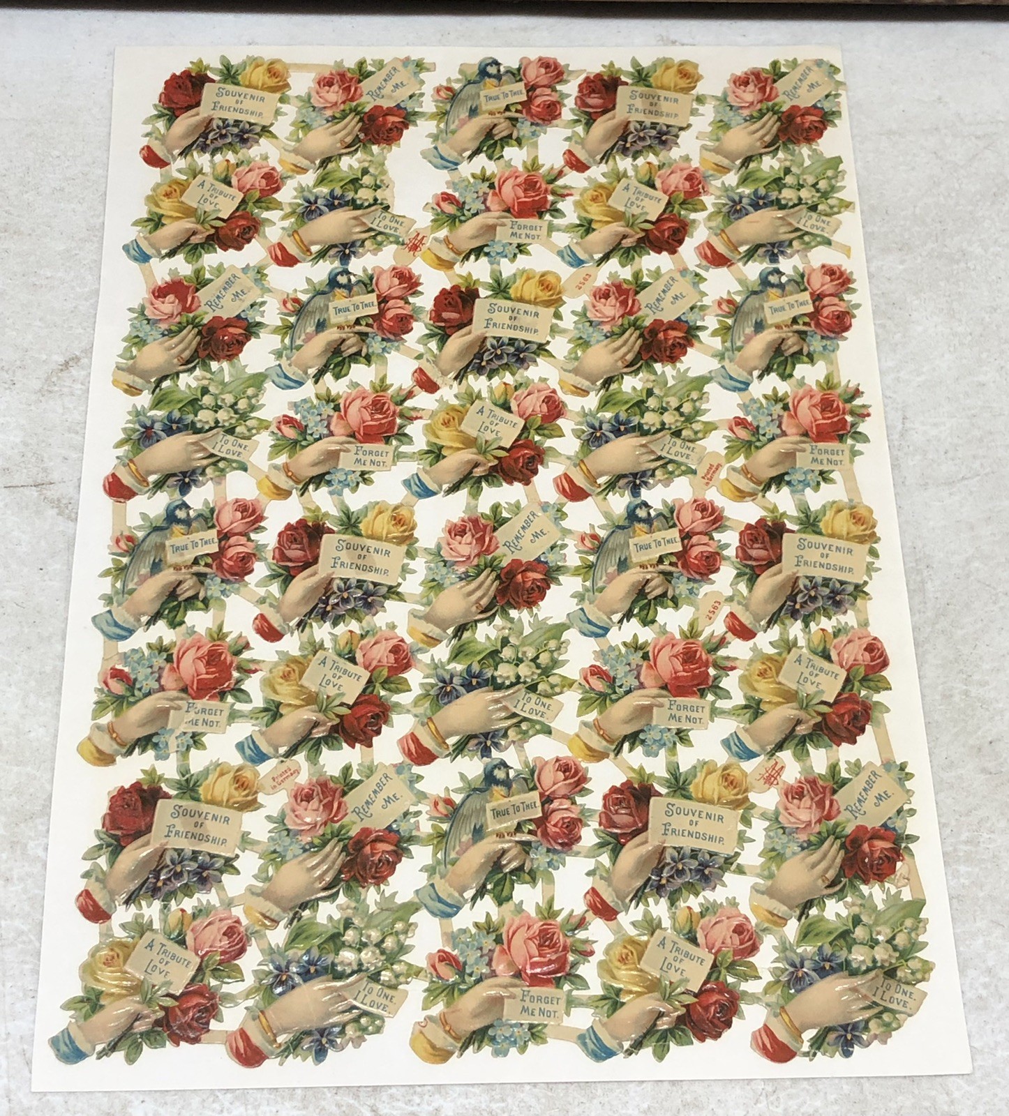 Victorian Die Cut M&S #2563 Floral Hand w/ Nice Message Scrap glued on Paper L12