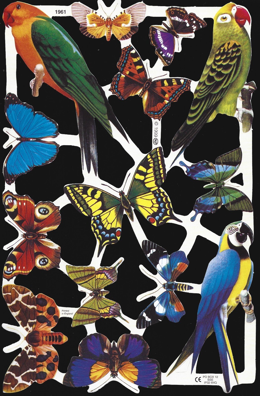 Mamelok English Vintage Style Scrap Die Cut – Parrots, Birds, Butterflies 1961