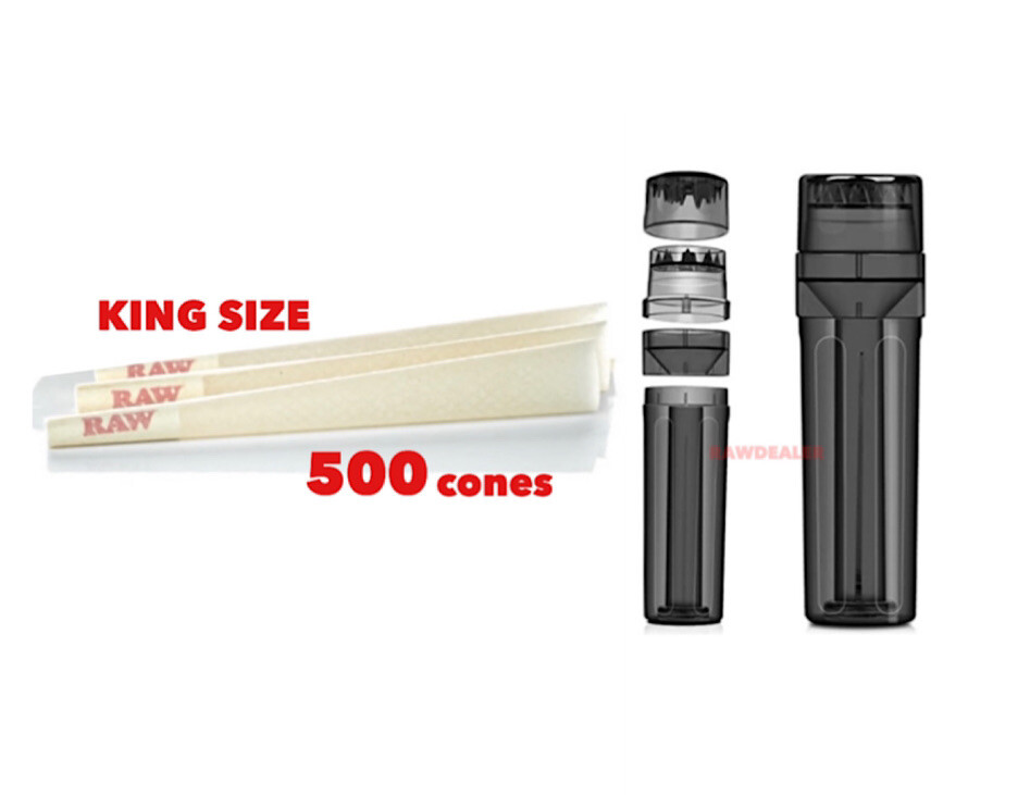 RAW organic king size cone(500PK)+cone herb grinder filler storage 3in 1