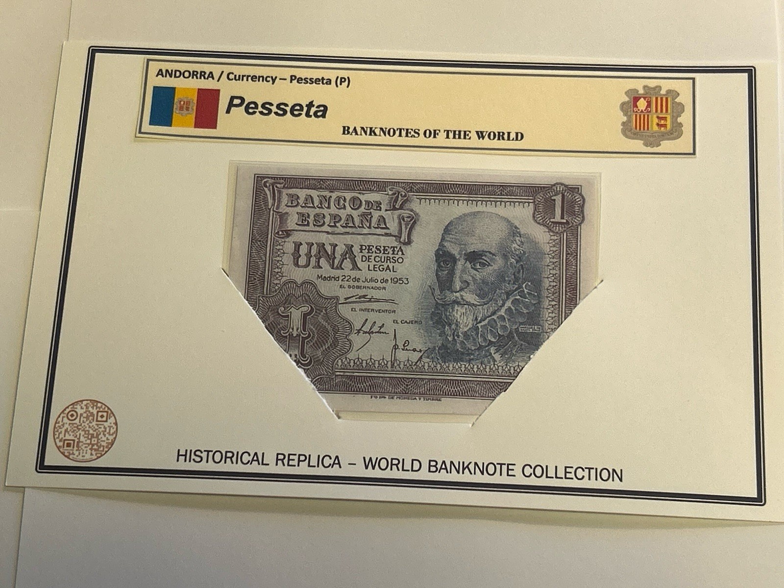 ANDORRA / LAMINATED HISTORICAL REPLICA PRINT – (P) 1 PESSETA NOTE