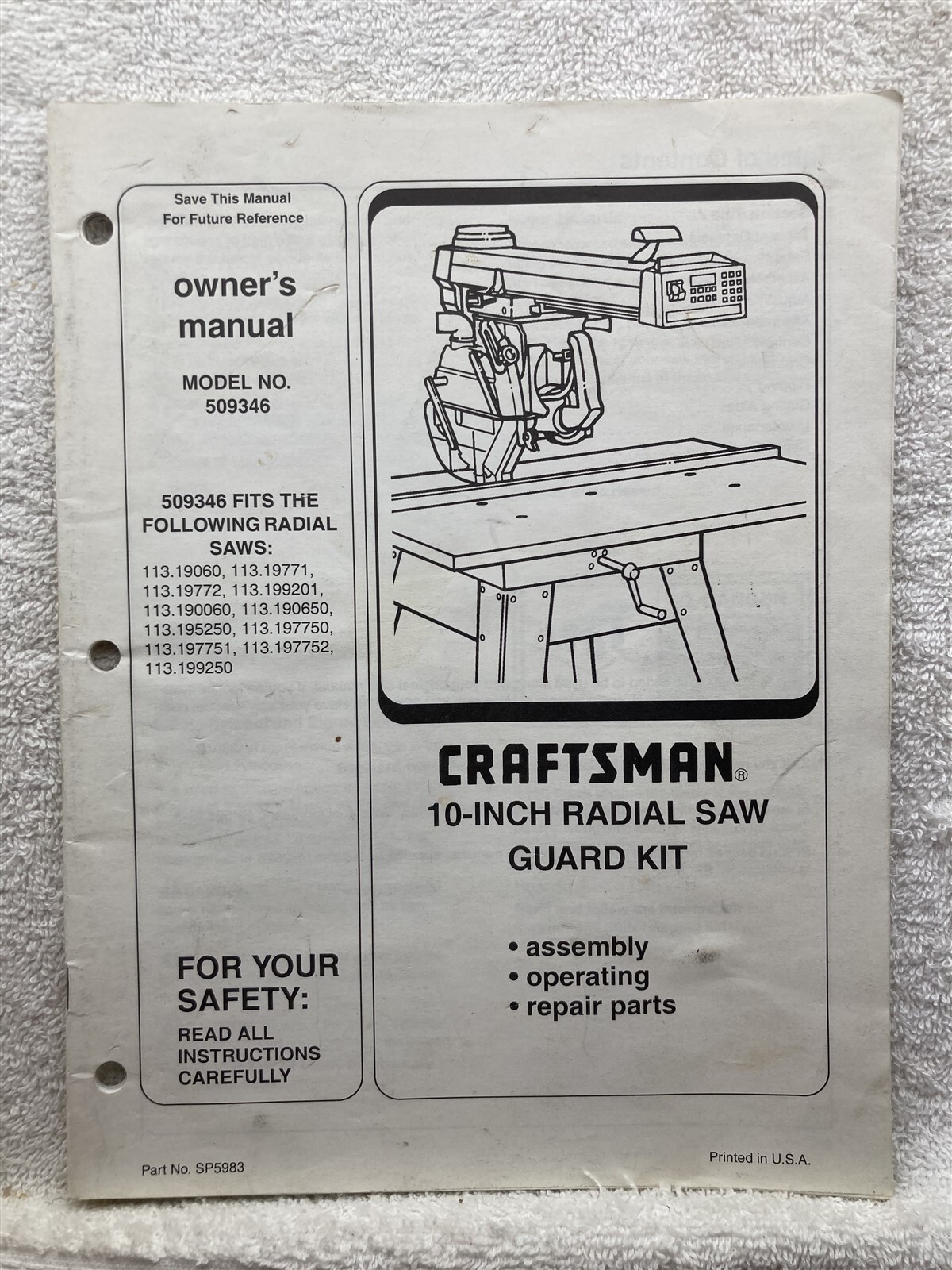 2000 Craftsman 509346 Radial Saw Guard Kit Owners Manual Guide Vtg