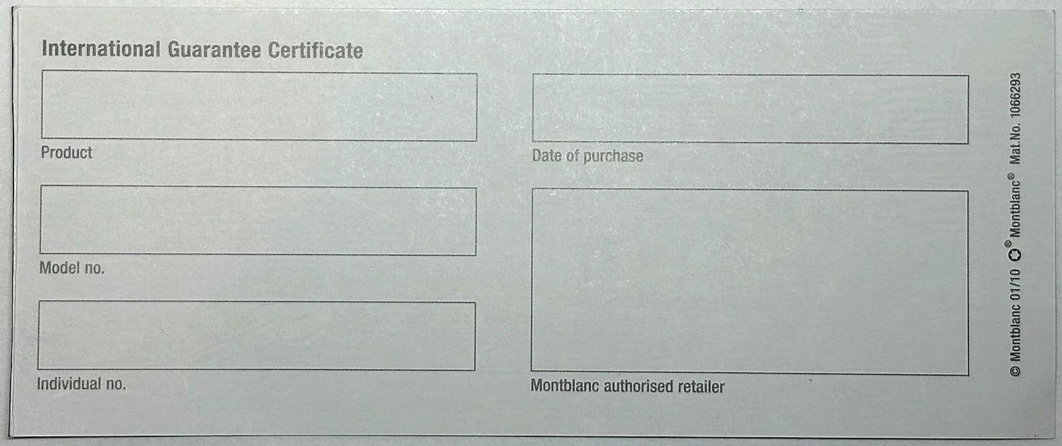 MontBlanc Swiss International Watch Warranty Guarantee Blank Certificate