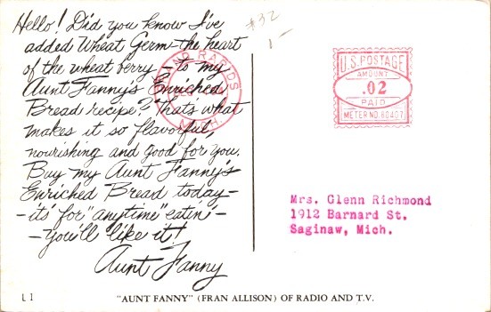 Fran Allison Kukla Fran Ollie 1950s Aunt Fannys Bread Promo Postcard Advertising