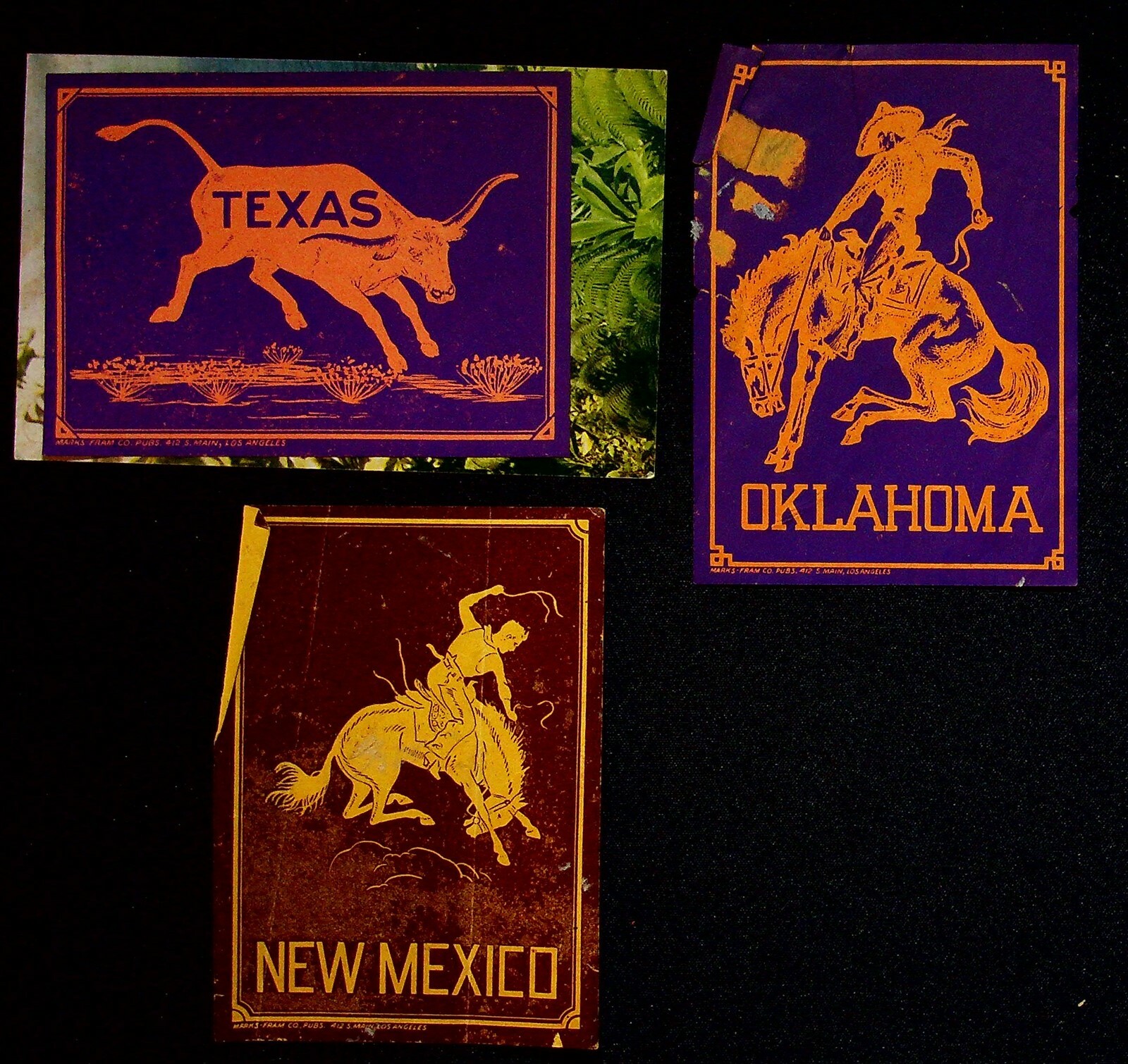 1930’s Lot Of 3 State Cowboy Bronco Labels Texas Oklahoma New Mexico