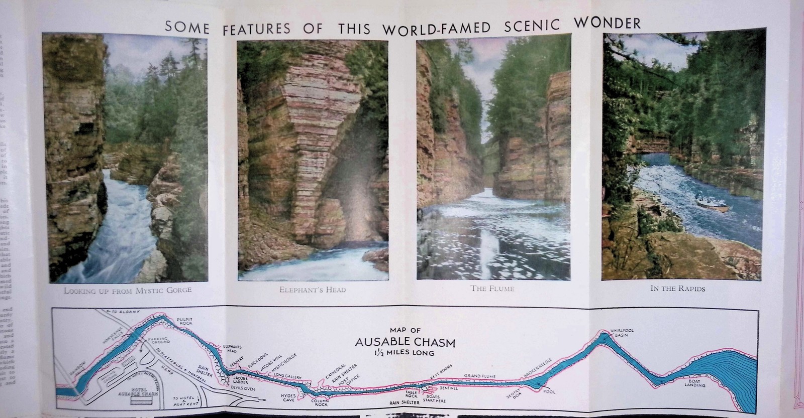 Ausable Chasm NY c1910s Auto Route Map Pulpit Rock Ad Brochure Flume