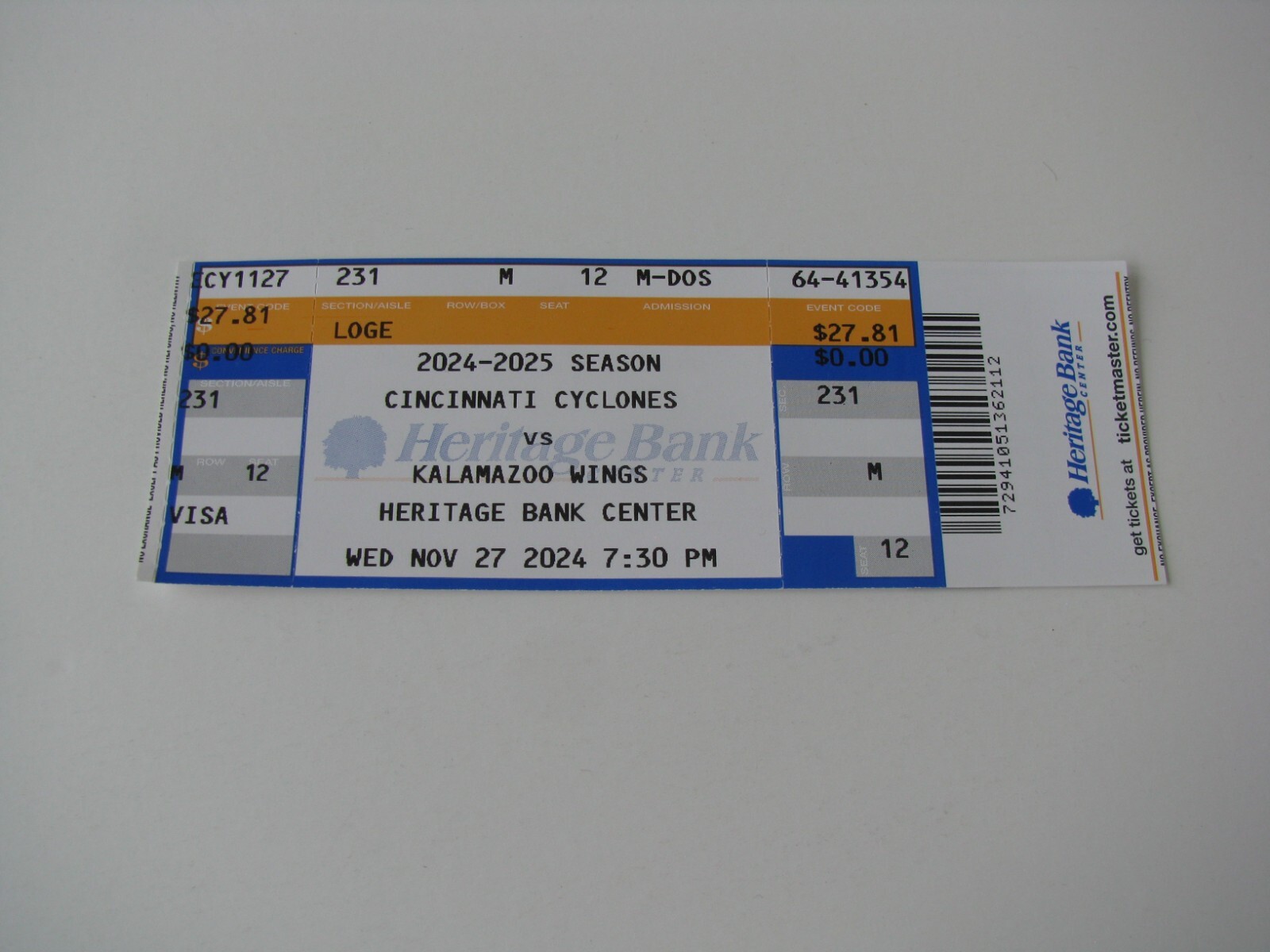 Nov 27 2024 Cincinnati Cyclones Kalamazoo Wings Minor League Hockey Ticket Stub