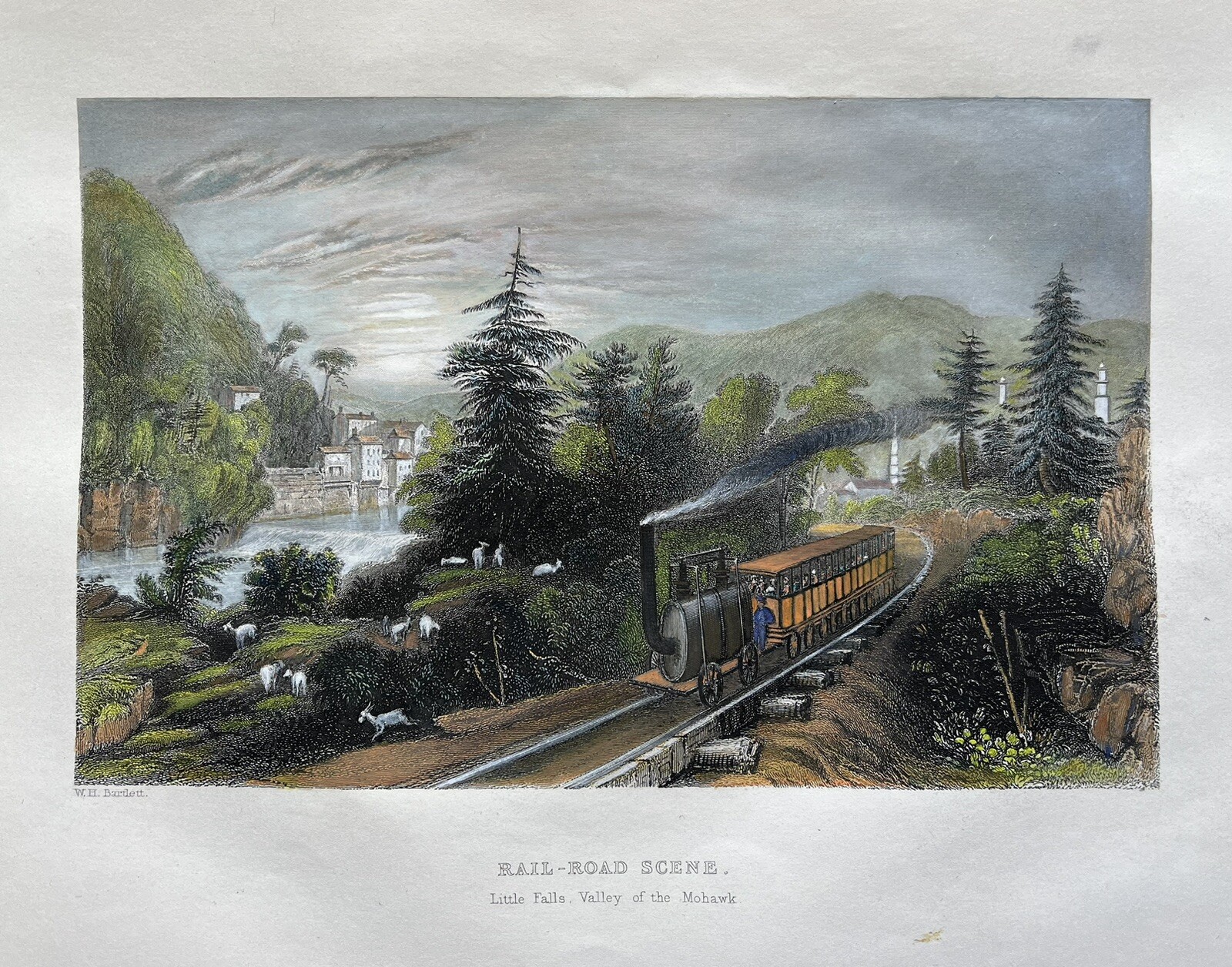 ORIGINAL HAND COLORED STEEL ENGRAVING LITTLE FALLS, VALLEY OF THE MOHAWK 1835-50