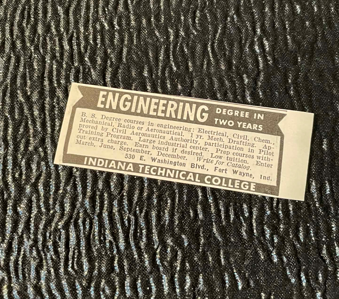 Indiana Technical College Washington Fort Wayne Old Ad 1940s Popular Mechanics