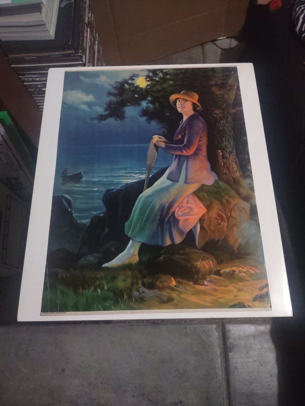 EARLY 1900’S VINTAGE CHROMOLITHOGRAPH PRINT YOUNG WOMAN MOONLIGHT CANOE PADDLE