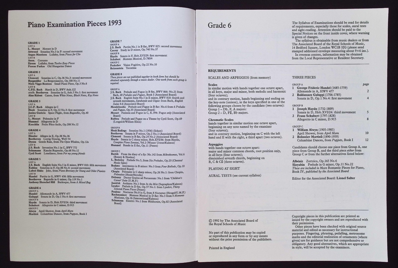 Associated Board Royal Schools of Music Piano Examination Pieces 1993 Grade 6