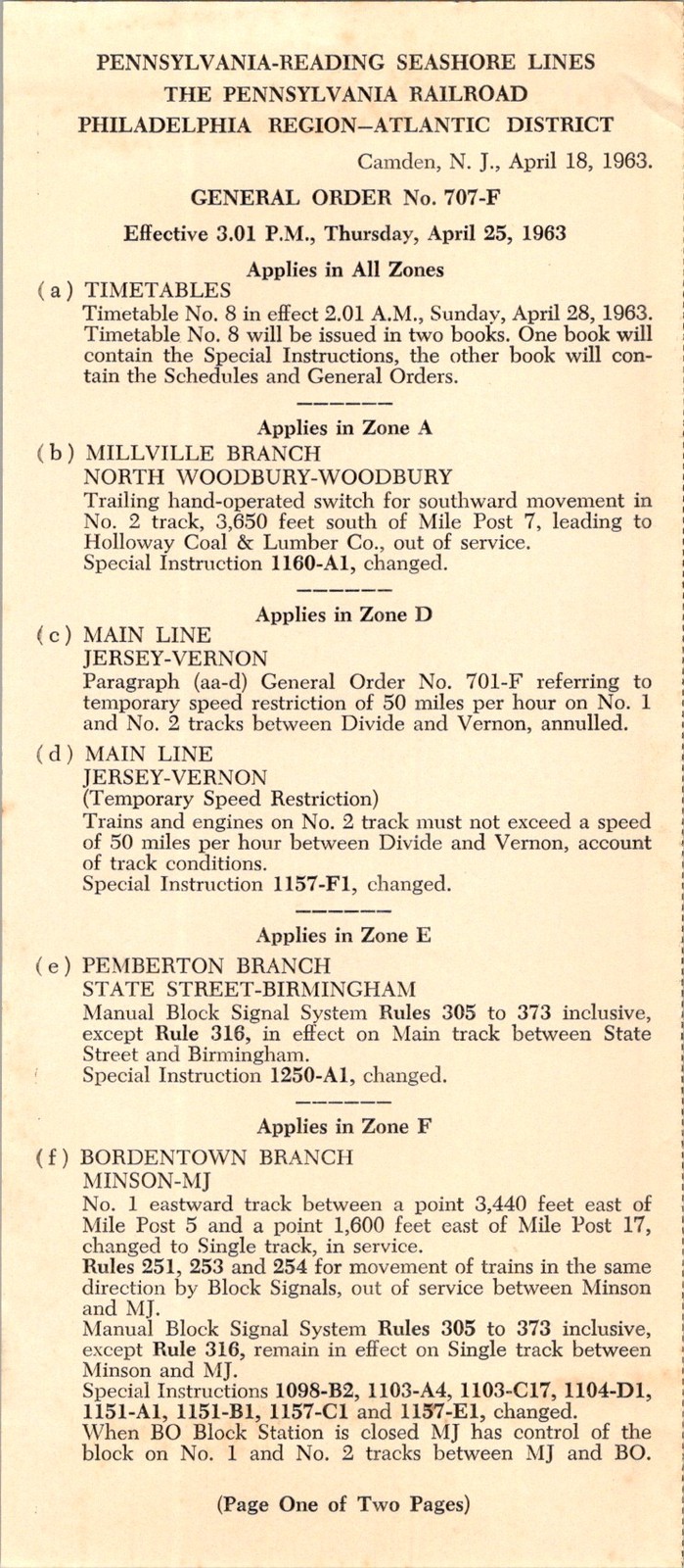 Pennsylvania-Reading Seashore Lines General Order 707-F c1940s PRR Railroadiana