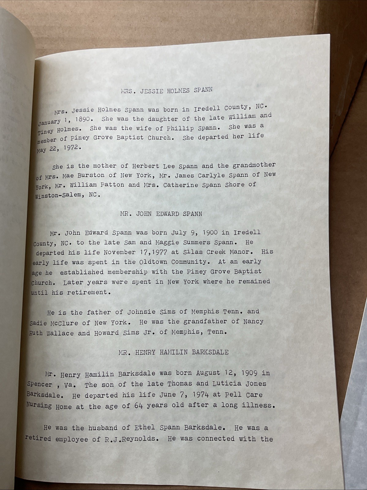 1991 Family Reunion Samuel Spann Family History & Family Tree North Carolina B65