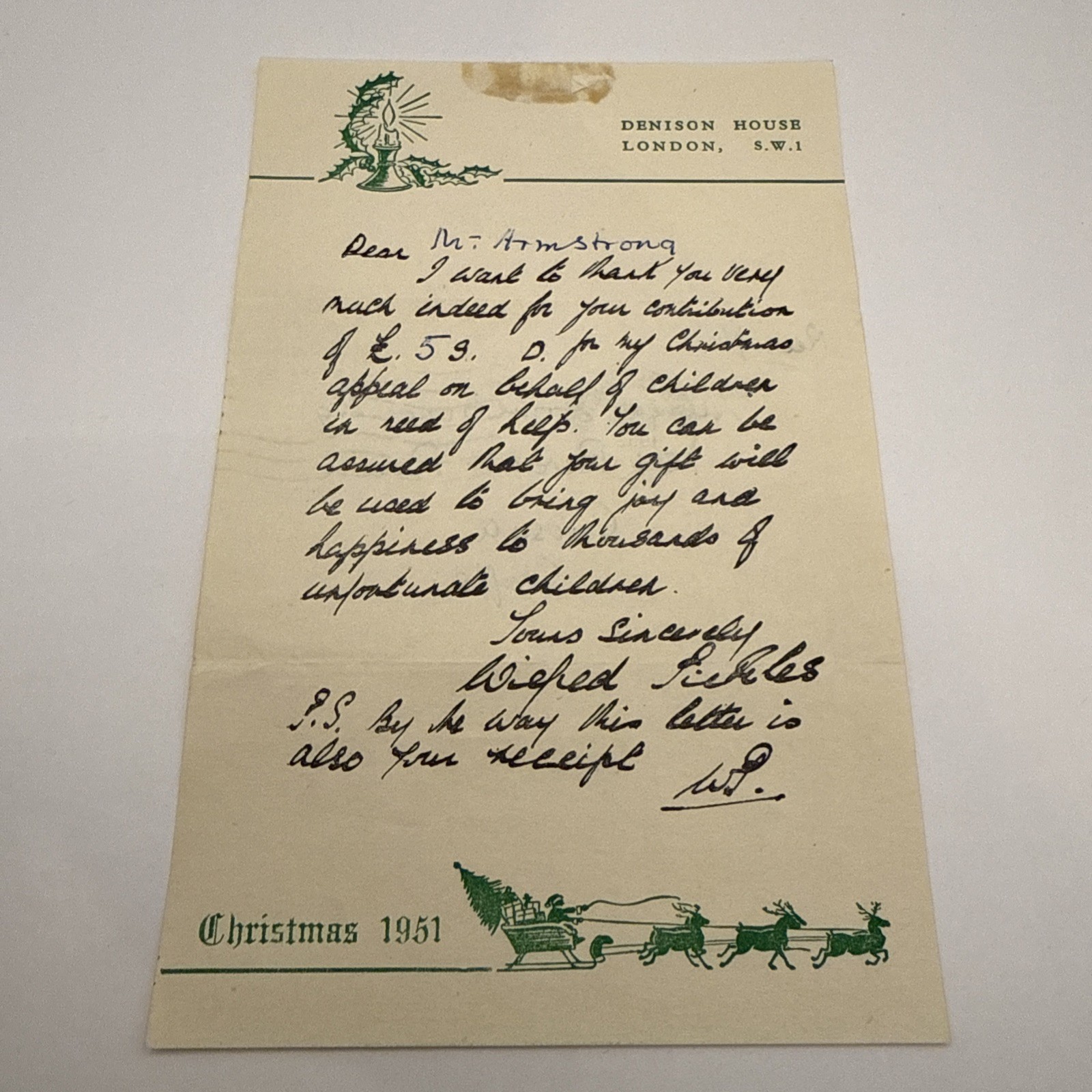 1952 Letter Receipt donation to Denison House Charity for Unfortunate Children