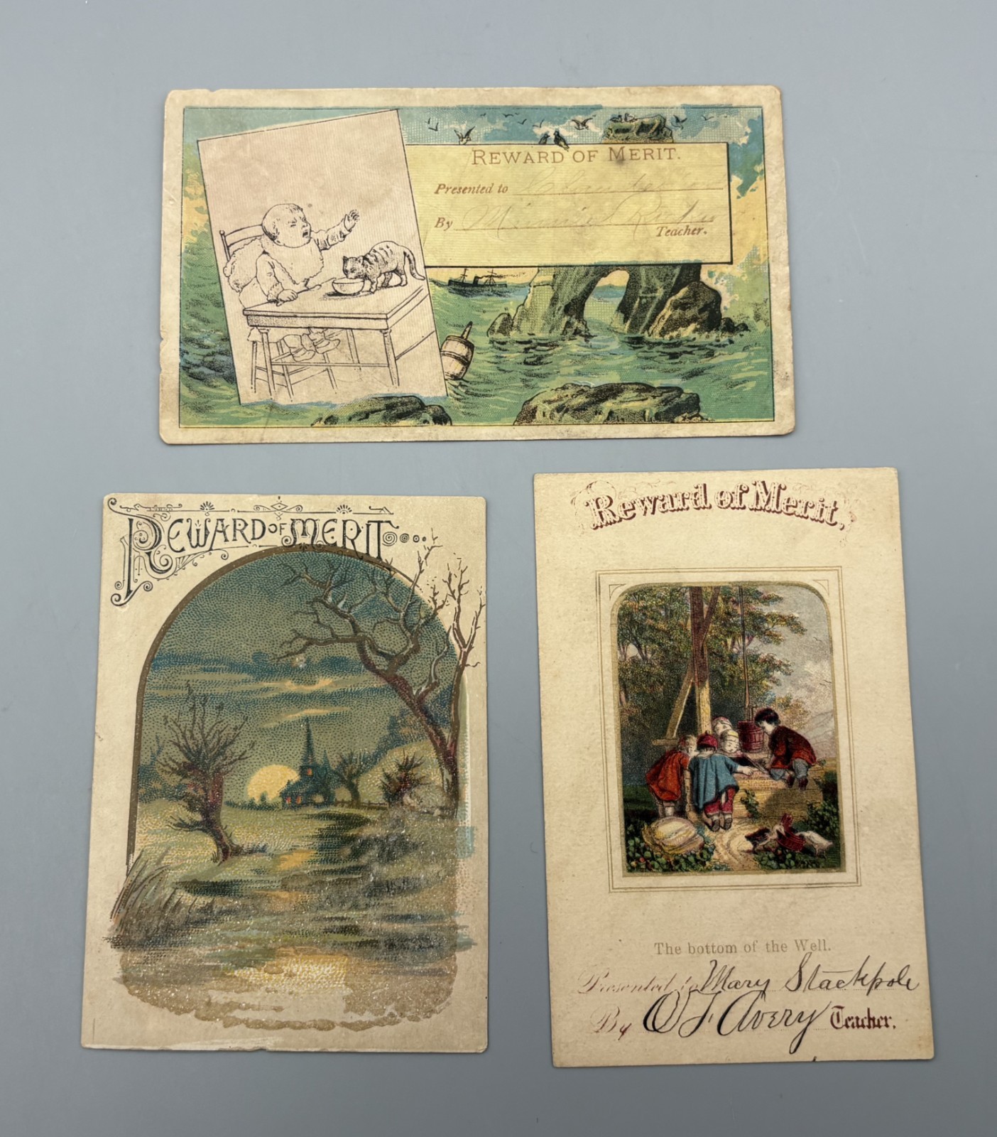 Lot of 3 Antique Victorian Trade Cards Paper Reward of Merit from Teachers