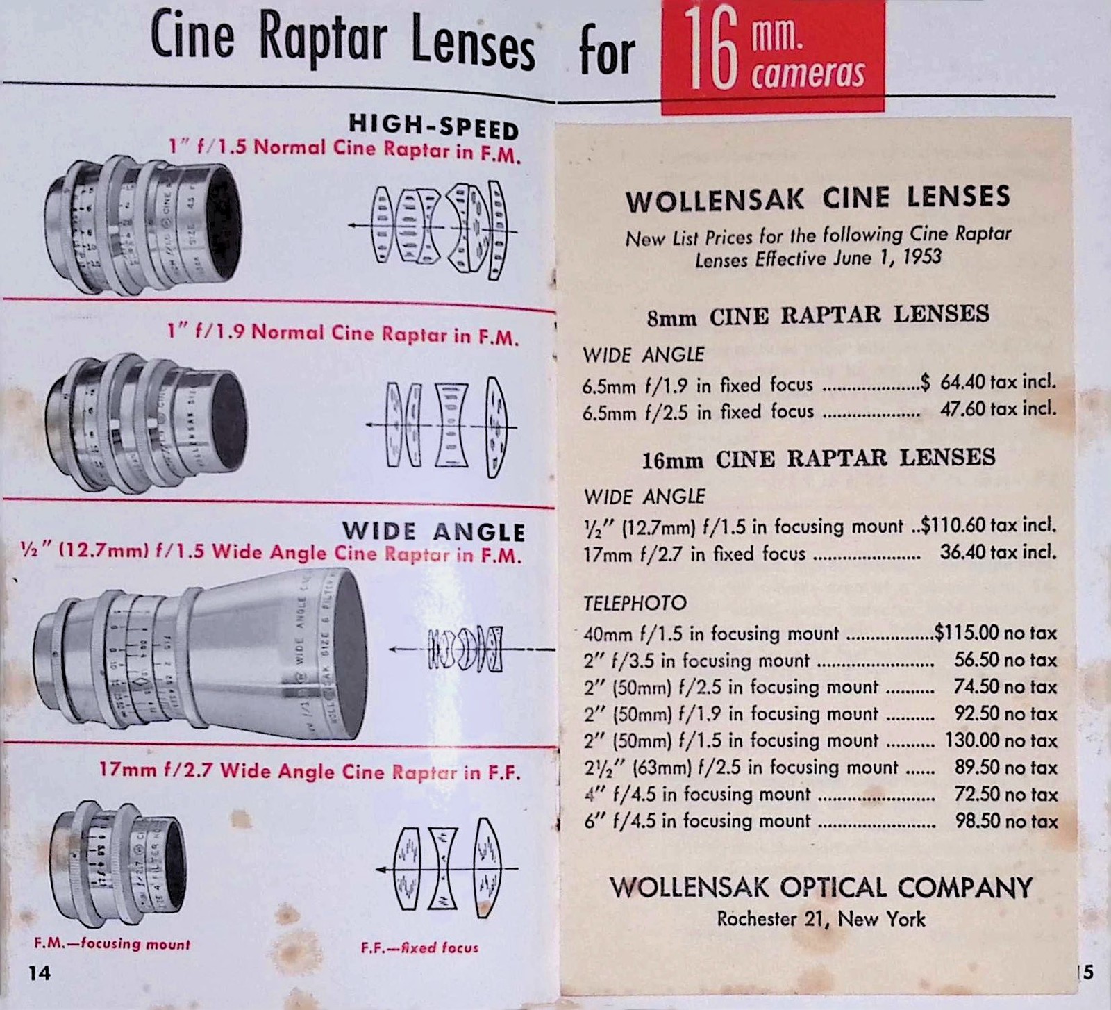 Wollensak Masterpiece Cine Raptar Lens Brochure 1953 List Prices Wocoting