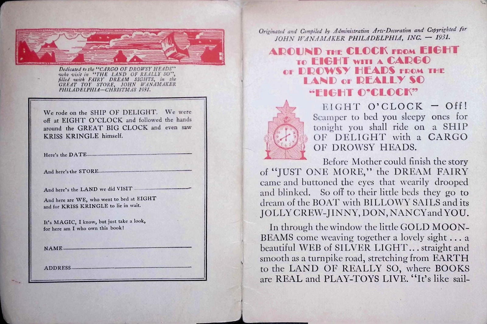 John Wanamaker Philadelphia Around the Clock Promo Storybook c1910 Red Ink