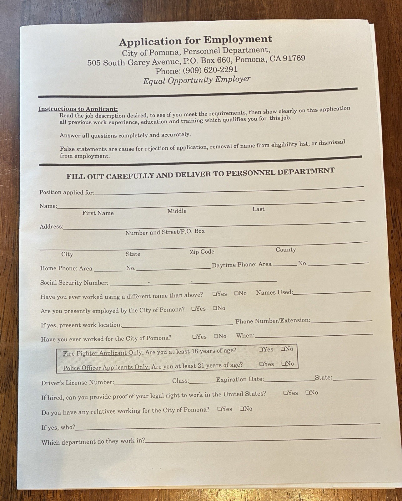80’s City of Pomona, Ca Employment Application Original Affirmative Action Form