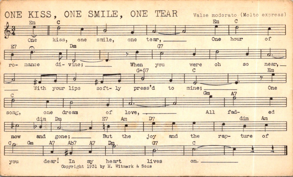 Tune-Dex Card One Kiss One Smile One Tear Lead Sheet 1943 ASCAP Lyrics Chords