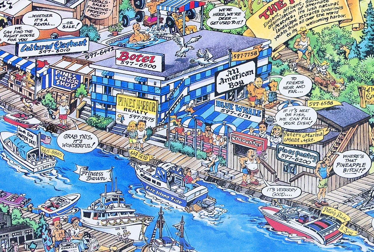 FIRE ISLAND EAST – CHERRY GROVE / PINES Long Island Illustrated Cartoon Map 1994