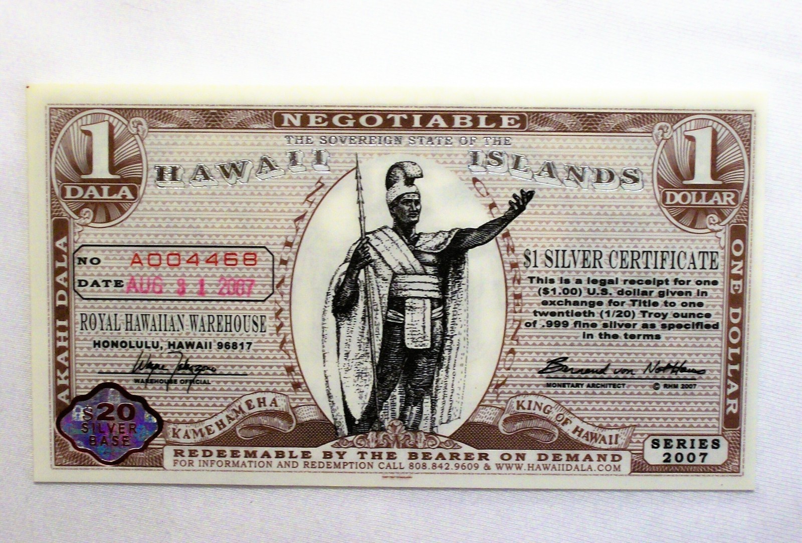 NORFED – 2007 American Liberty Currency – Hawaii Islands $1 Silver Certificate