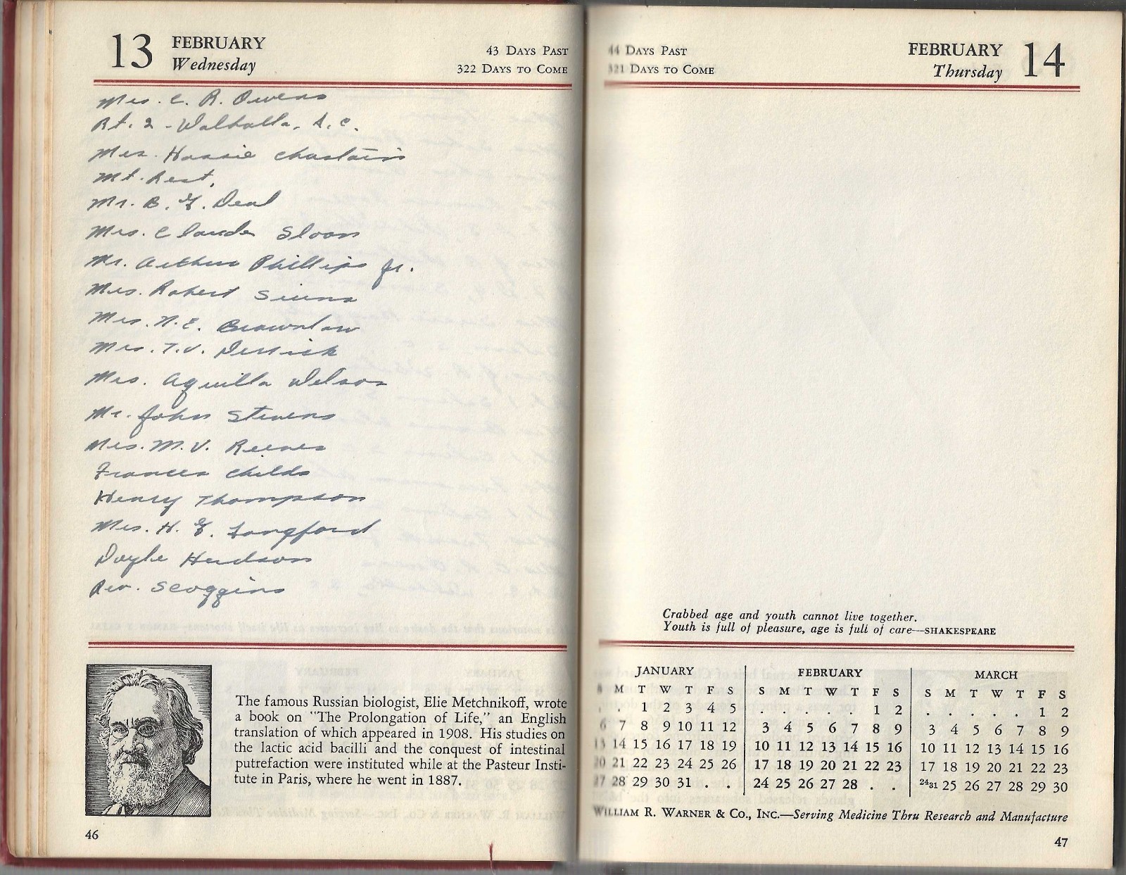 1946 WARNER’S CALENDAR OF MEDICAL HISTORY For The Use Of The Medical Profession