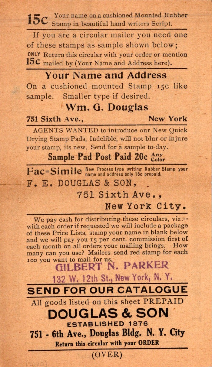 Douglas & Son 1900s Mail Order Advertising Circular Rubber Stamps NYC Office
