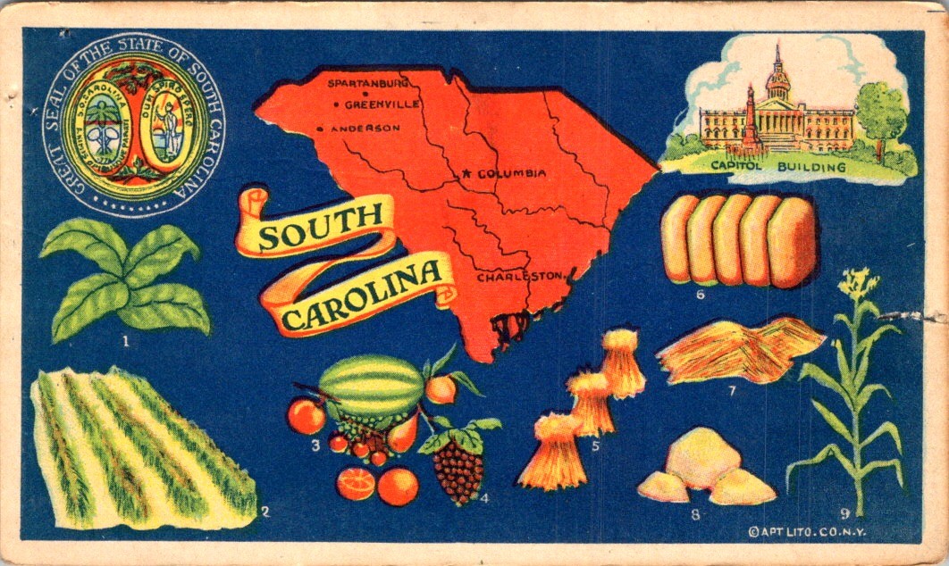 South Carolina Capitol Columbia Trade Card c1900 Lithograph Agriculture Map