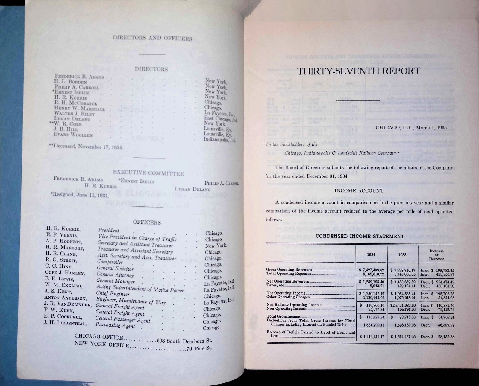 1934 Monon Route Railway Annual Report Freight Tonnage Table Depression-Era