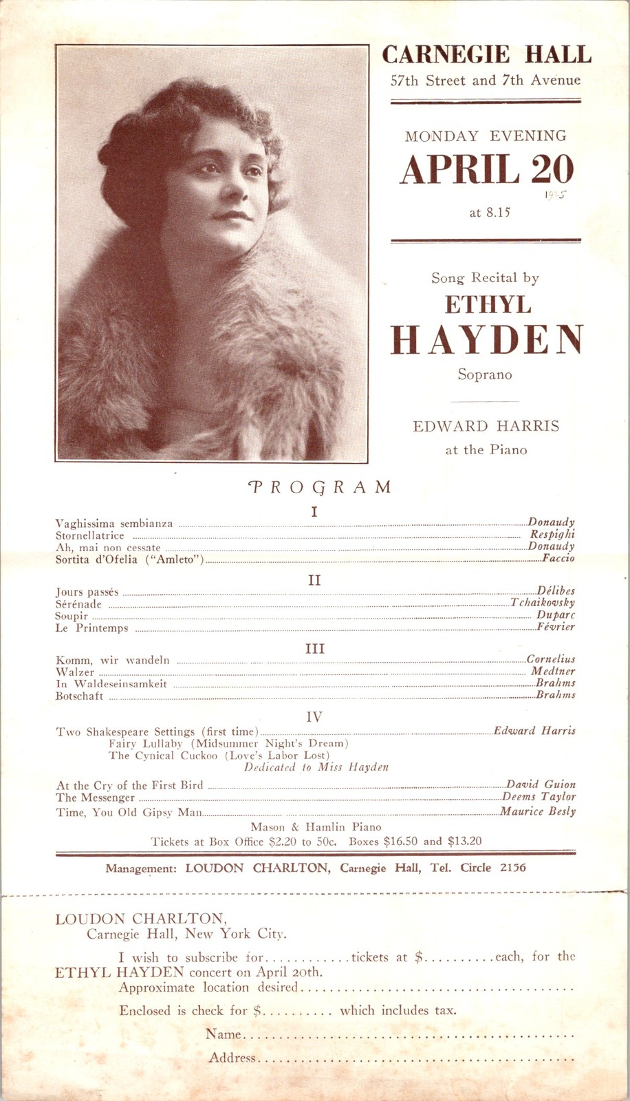 Ethyl Hayden Recital Carnegie Hall Sepia Photo c1910 Program Vocal