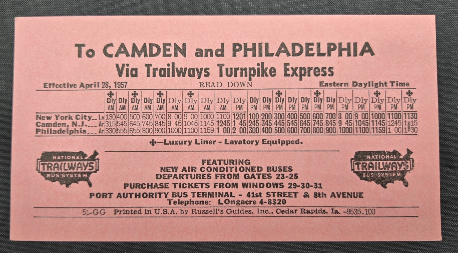 1957 National Trailways Bus Line Turnpike Schedule New York City to Philadelphia