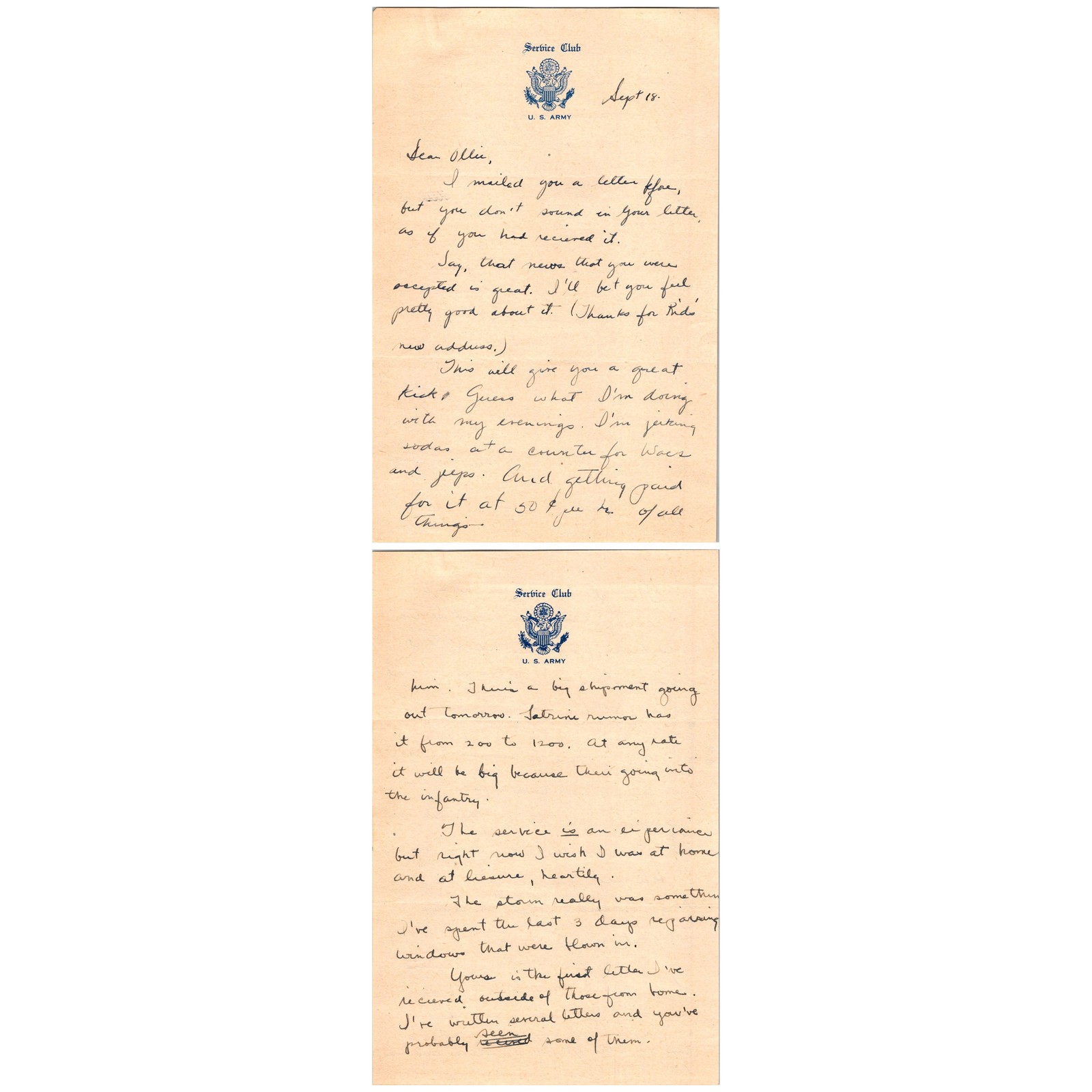 WW2 US Army Soldier Letter 1943 Service Club Letterhead Wacs Jeps Goldbrick
