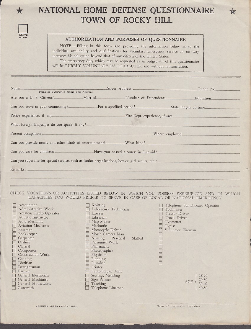 National Home Defense Questionnaire Town of Rocky Hill CT 1940s