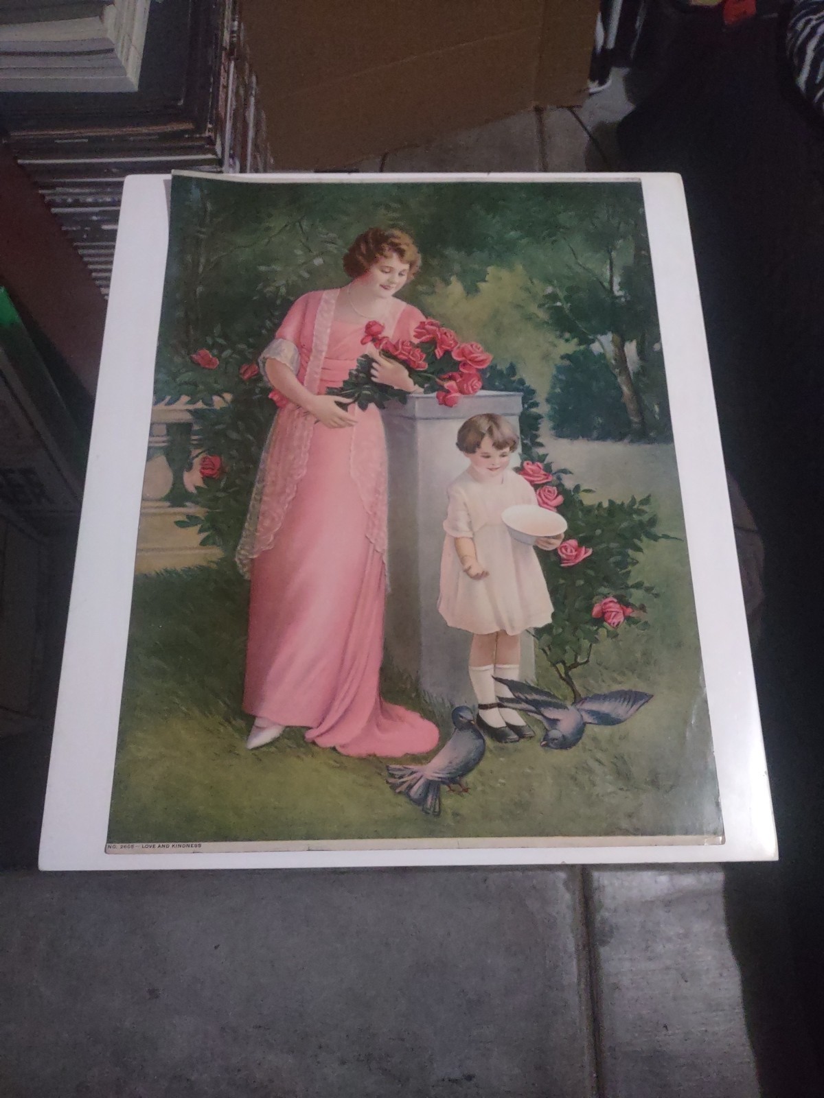 EARLY 1900’S VINTAGE CHROMOLITHOGRAPH PRINT YOUNG WOMAN & CHILD W/FLOWERS ROSES