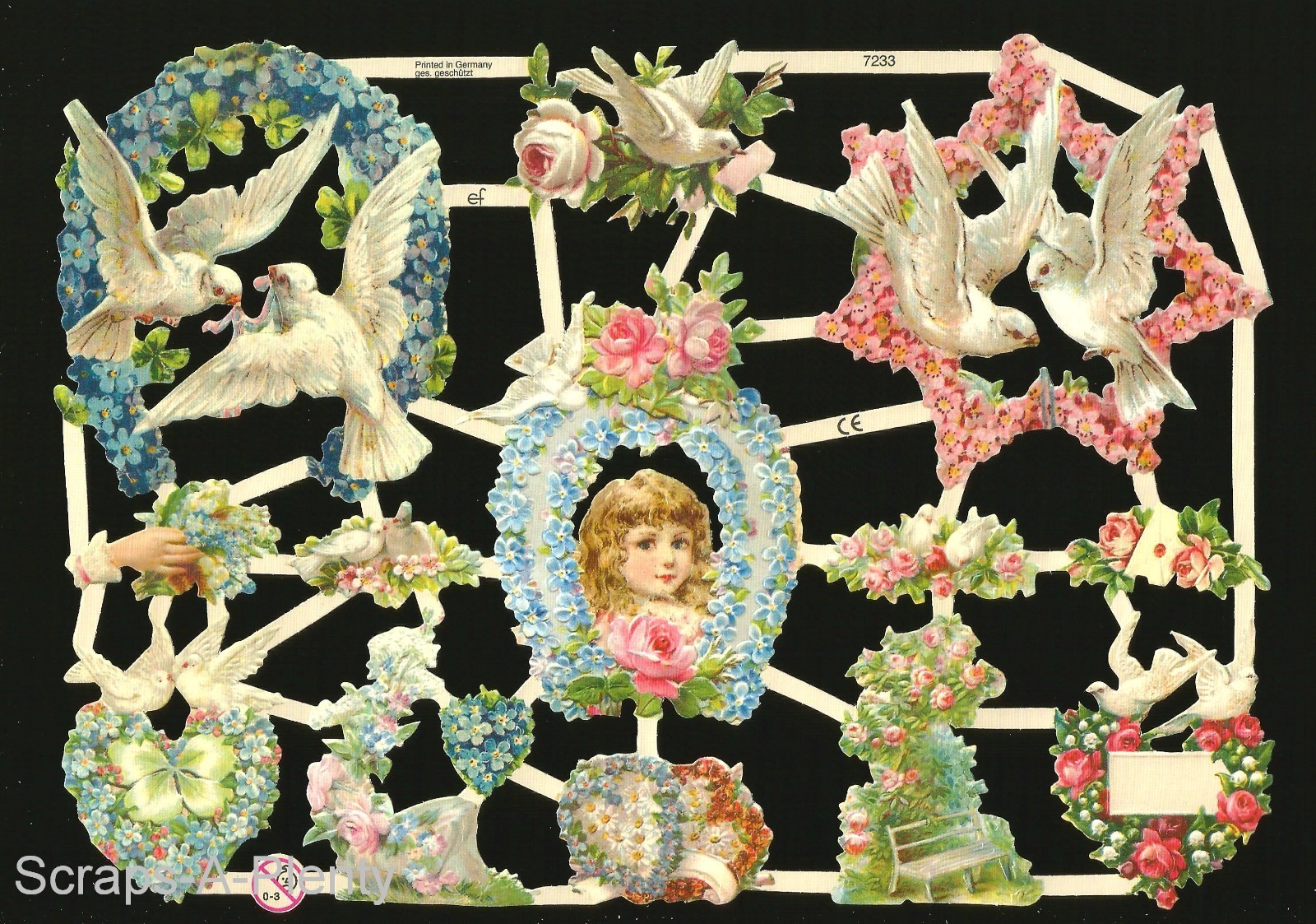 German Embossed Scrap Die Cut – White Doves Birds Valentine Love EF7233